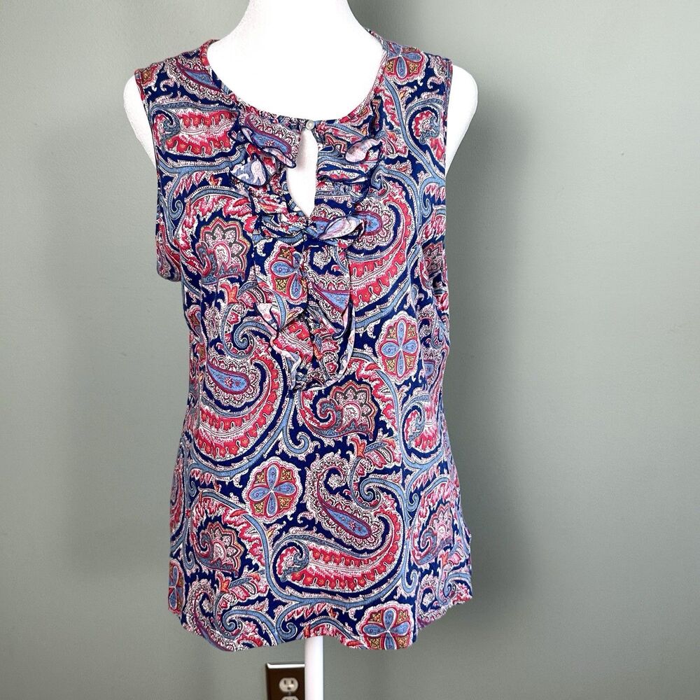 Lauren Ralph Lauren Top Sleeveless Ruffle Paisley Cotton Womens XL Red Blue Boho
